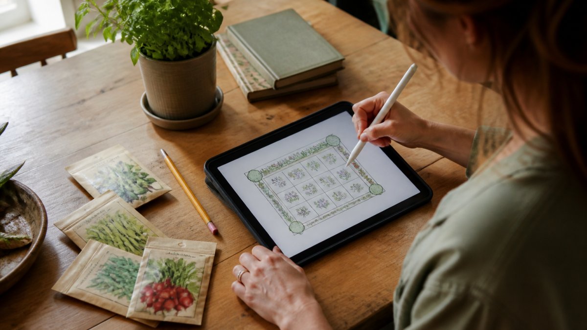 A person at a wooden kitchen table sketching a rectangular garden bed on a tablet, with seed packets, a pencil, and a potted herb nearby in soft morning light