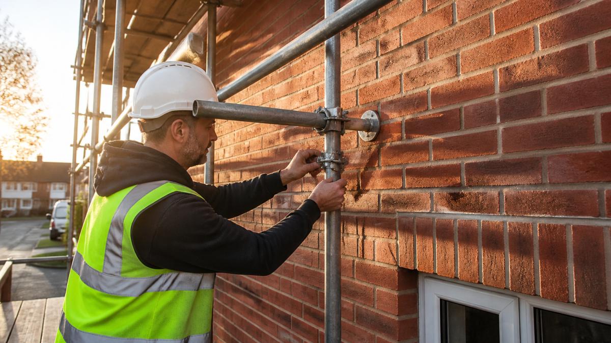 A domestic two-storey brick house with scaffolding erected along the front elevation, showing tie connections fixed into the brickwork and a scaffolder in a hard hat checking a fitting in soft morning light