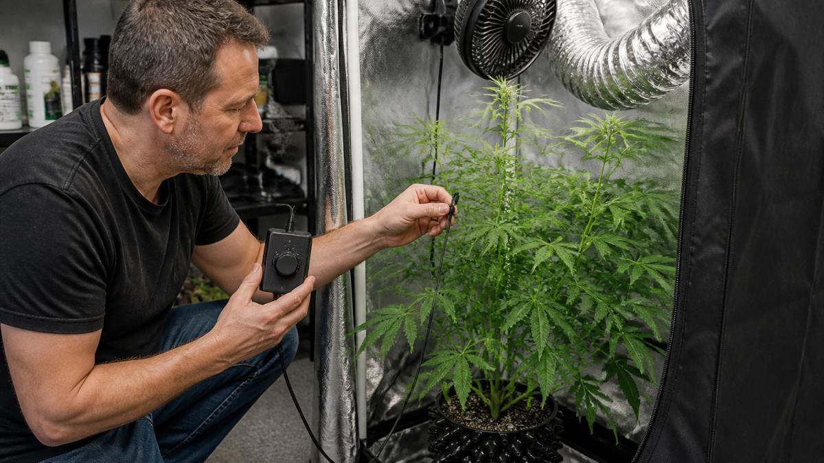 A grower kneeling beside a small indoor grow tent, holding a fan controller unit in one hand while checking a temperature probe clipped inside the tent, with ducting and a clip fan visible in the background
