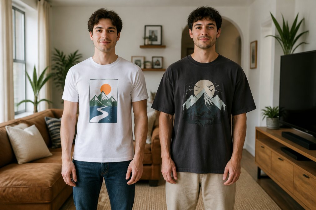 Two young men standing side by side in a bright, casual living room, one wearing a classic fit graphic tee that follows his torso, the other in a relaxed fit tee with a boxier cut, natural window light illuminating the fabric drape