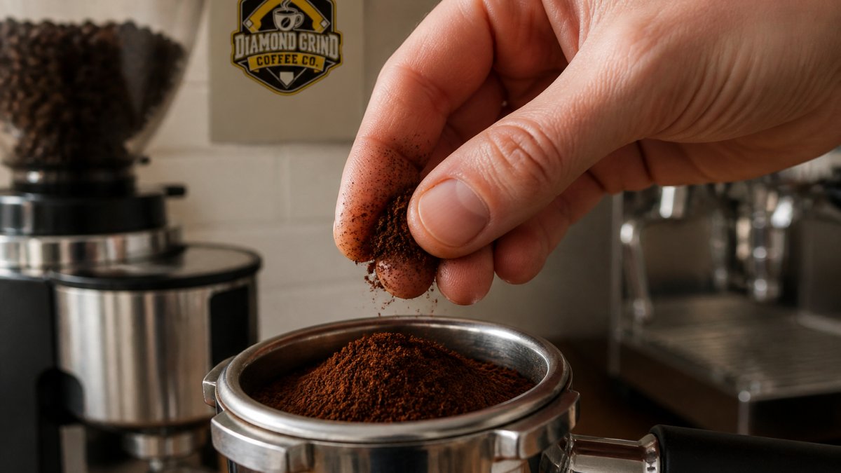 Barista rubbing fine espresso grounds between fingers to test texture above a portafilter in a kitchen
