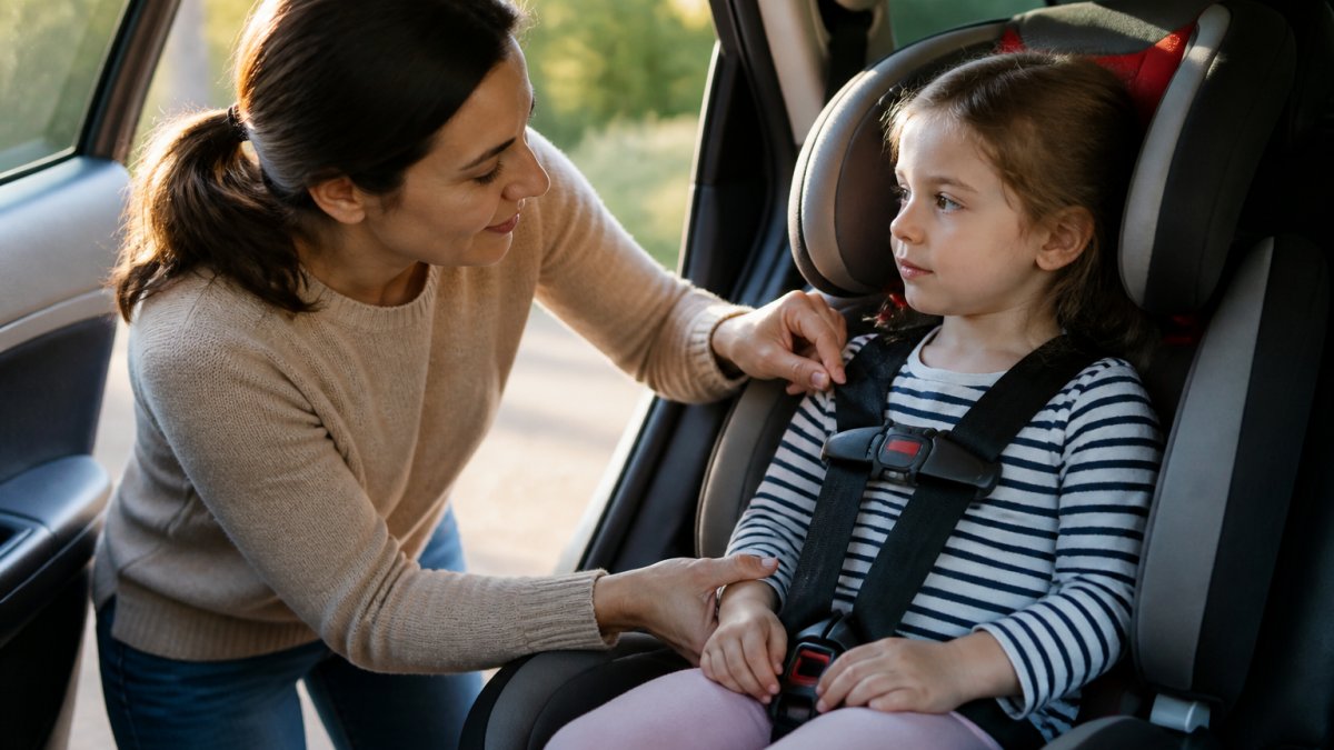 Parent kneeling by a car door to check the tightness of a child's harness strap at the shoulder