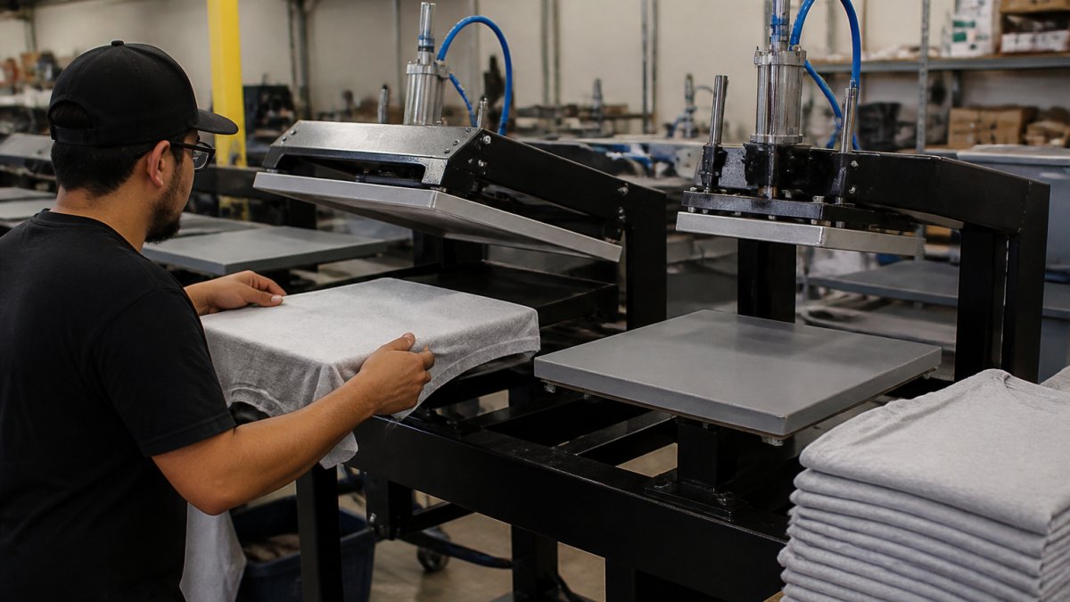 An operator loading a T-shirt onto a dual-station pneumatic heat press in a busy print shop, with a stack of finished garments and a second station ready for the next transfer