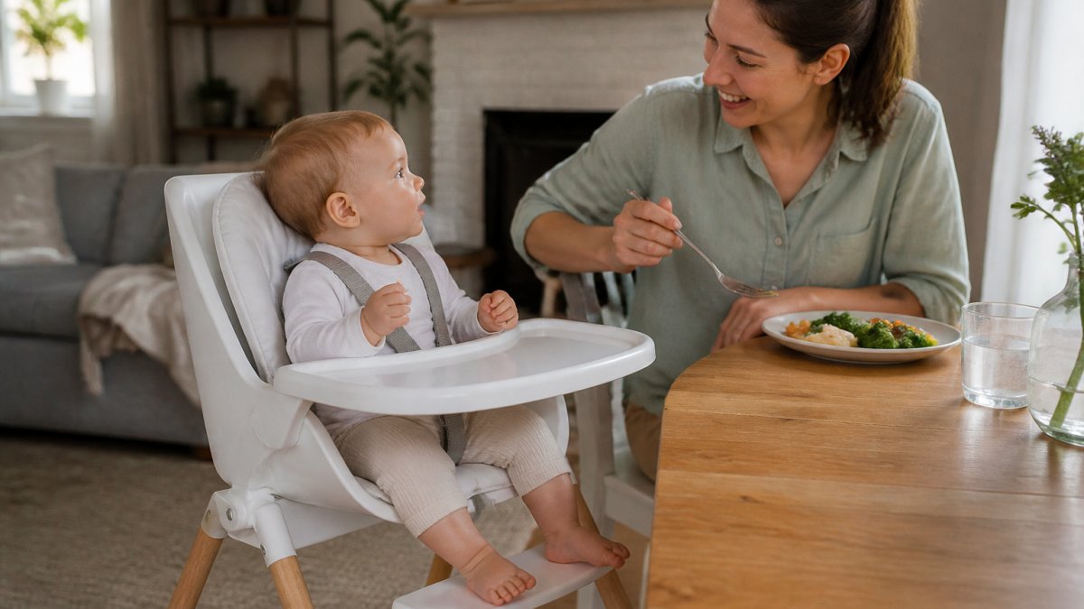 Diagram illustrating safe baby positioning and harness use in a high chair during family mealtimes