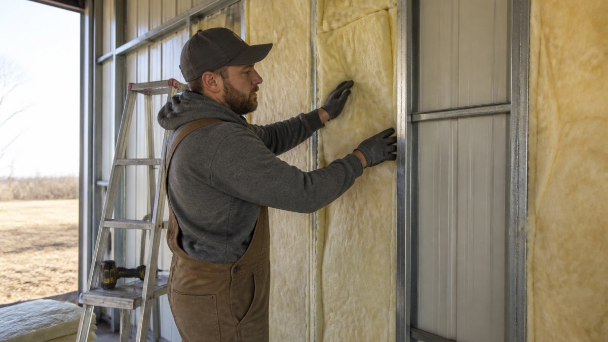 Homeowner installing fiberglass metal building insulation between steel workshop studs