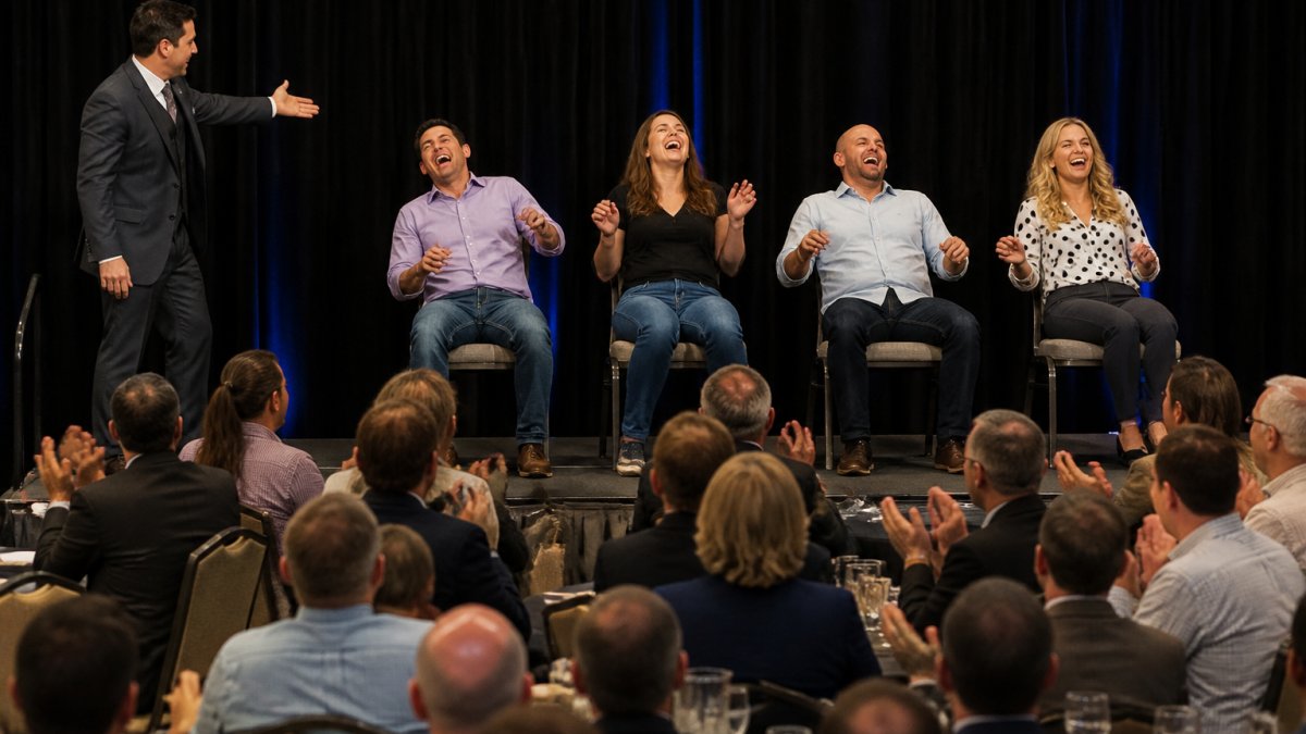 Stage hypnotist performing interactive entertainment for laughing volunteers at a corporate ballroom event