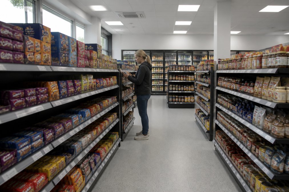 A shop floor with low gondola shelving forming clear parallel aisles, EPOS ticket strips visible on shelf edges, a shopper browsing mid-aisle under bright ceiling lighting