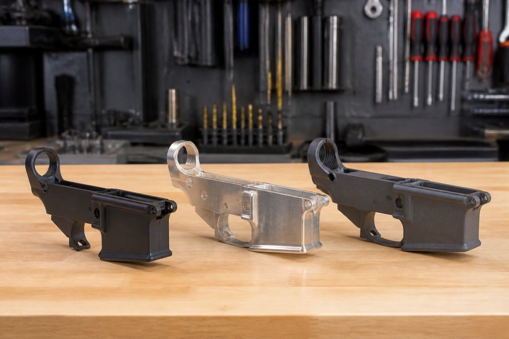 Three AR-15 lower receivers side-by-side on a clean workbench: a matte black forged aluminum receiver, a polished billet receiver with distinctive machining lines, and a dark gray polymer receiver. Natural workshop lighting, shallow depth of field.