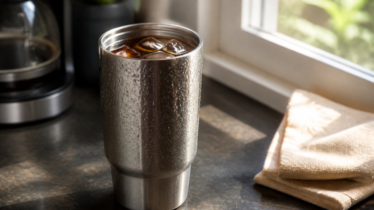 Close-up of a stainless steel travel mug filled with cold brew coffee and ice cubes on a kitchen counter, condensation beading on the outside, soft morning light through a window