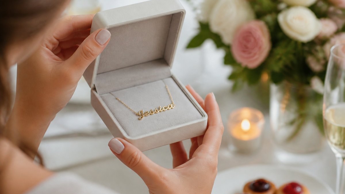 Close-up of a woman's hands opening a soft-touch jewelry box to reveal a gold cursive name necklace, warm natural light, blurred celebration table with flowers in the background