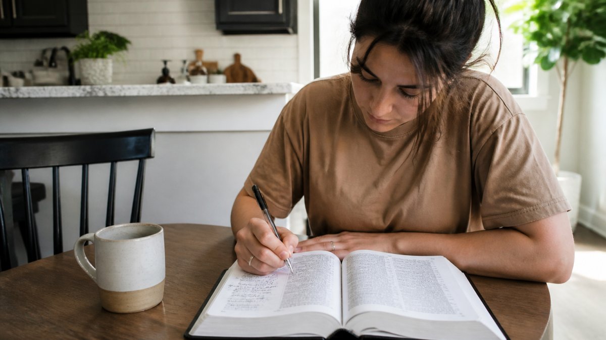 A young adult sitting at a kitchen table in soft morning light, an open journaling Bible with wide margins and a pen beside a coffee mug, writing notes in the margin