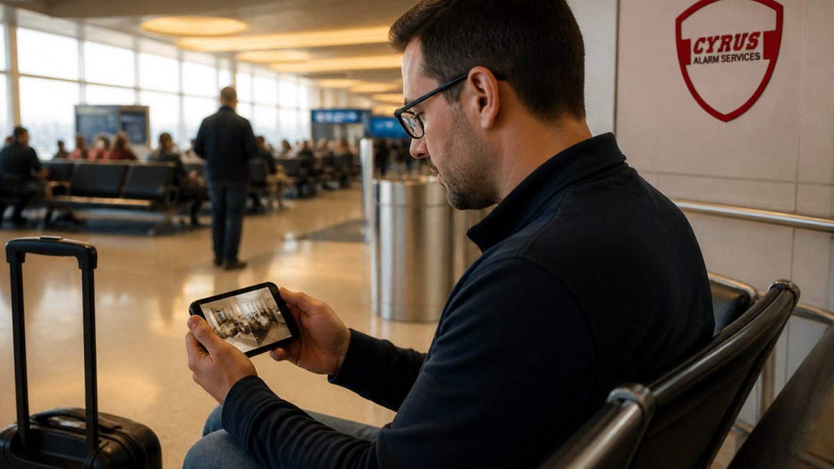 Traveler checking a smart security camera feed on a smartphone at an airport terminal