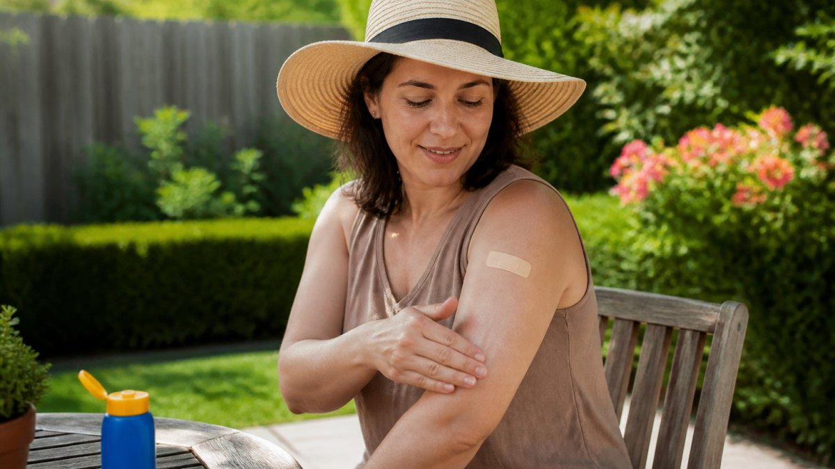 Person wearing a wide-brimmed hat and applying sunscreen to protect skin after choosing to remove moles.