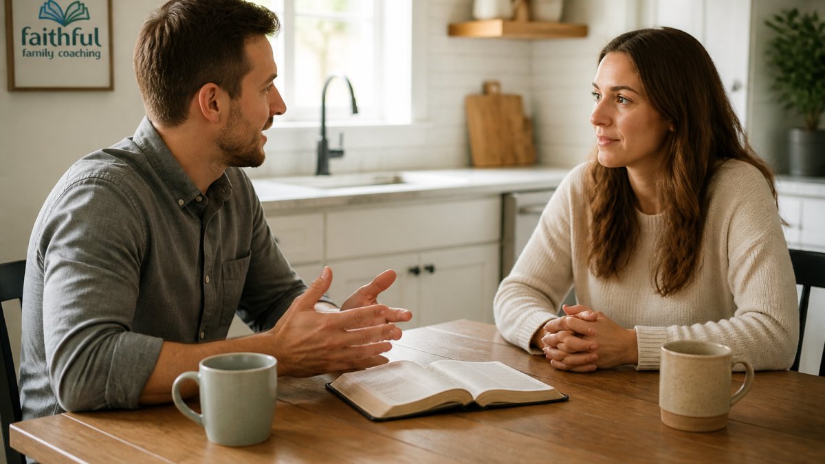 A married couple sitting across from each other at a kitchen table, one listening with an open posture while the other speaks calmly, an open Bible and two coffee mugs between them, soft morning light