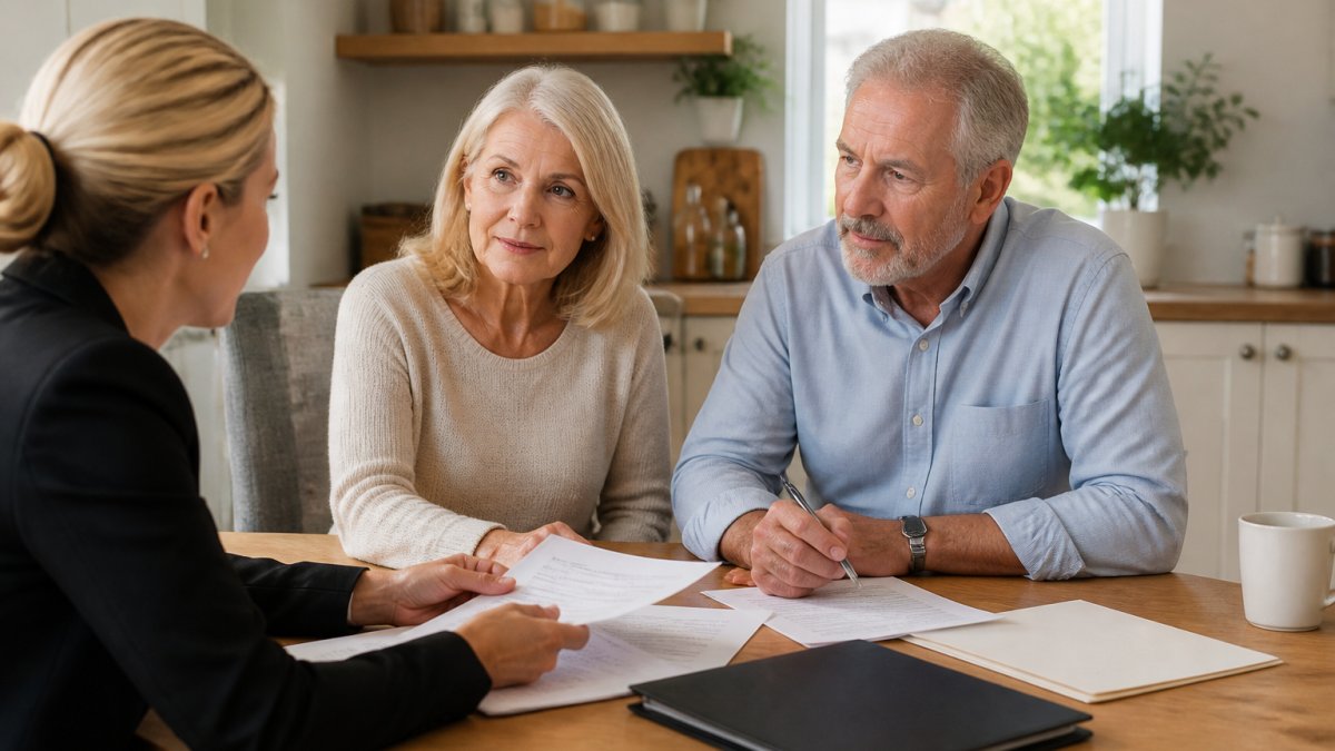 A middle-aged couple sitting at a kitchen table with a solicitor, reviewing paperwork together in a warm, well-lit home