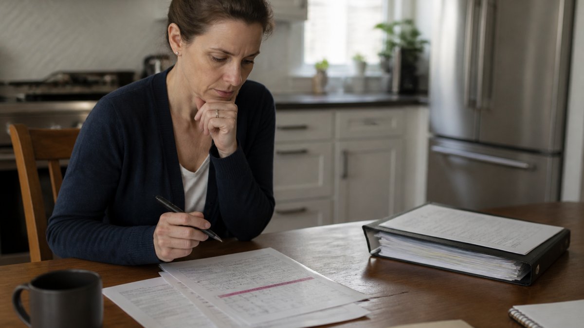 A person sitting at a kitchen table reviewing financial documents and a calendar with a pen, looking thoughtful and determined