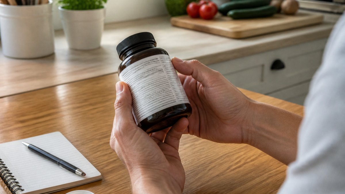 Hands holding a supplement bottle to read the ingredient label in a bright kitchen with a notepad and pen nearby