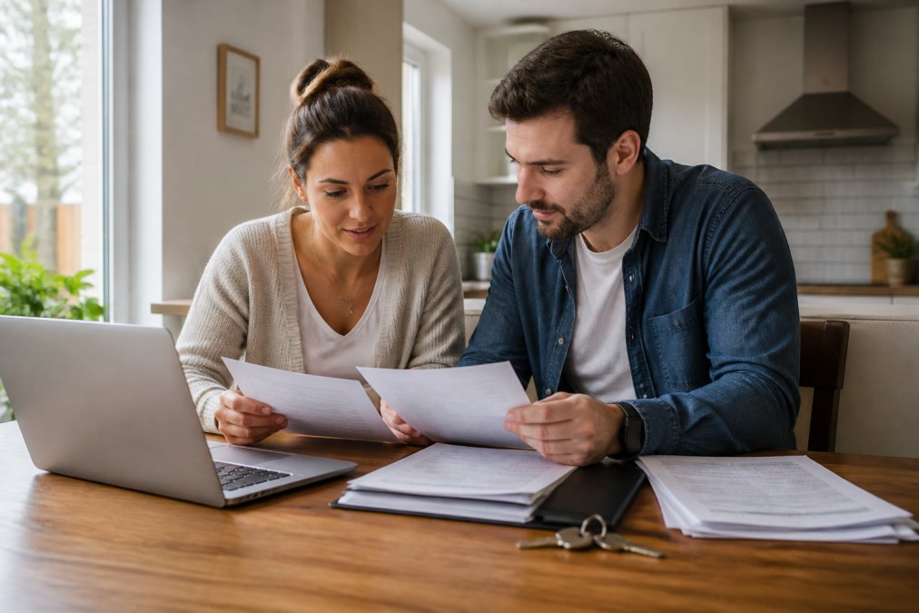 A couple sitting at a kitchen table reviewing property documents with a laptop open, keys and a folder of paperwork nearby, natural light from a window