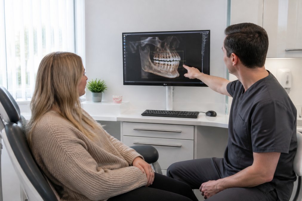 A dentist and patient reviewing a 3D CBCT dental scan on a monitor in a bright, modern consultation room, with a calm and reassuring atmosphere