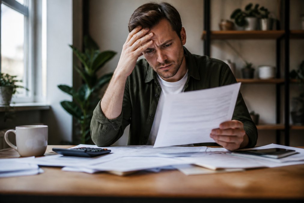 A real estate investor reviewing mortgage statements and property documents at a desk with a calculator and coffee, looking concerned
