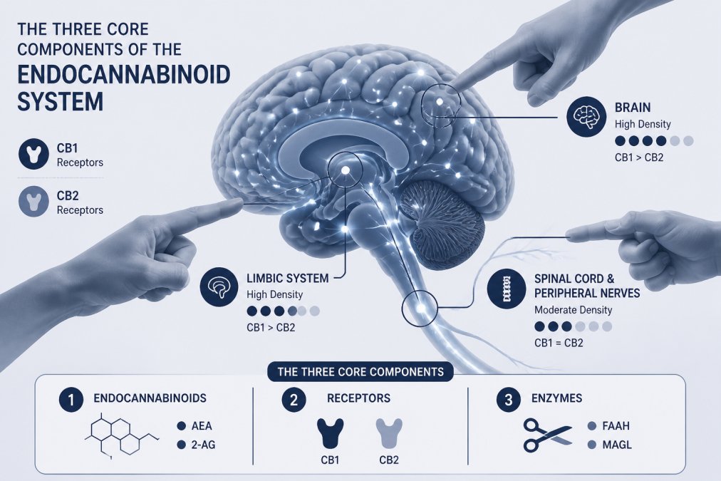 Close-up of a human brain model or neural network visualization with hands pointing to different regions showing endocannabinoid receptors distributed throughout the nervous system, with soft lighting highlighting the neural pathways