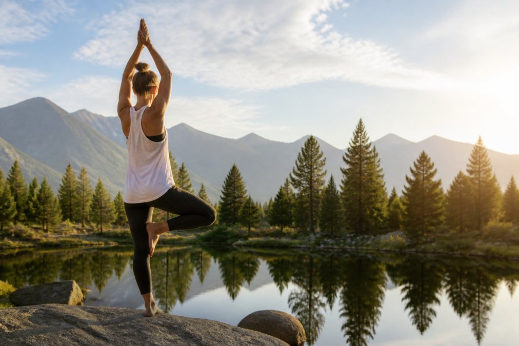 Person exercising outdoors in peaceful natural setting during golden hour light, practicing yoga or running through a park with trees and natural landscape, representing lifestyle practices supporting endocannabinoid system health