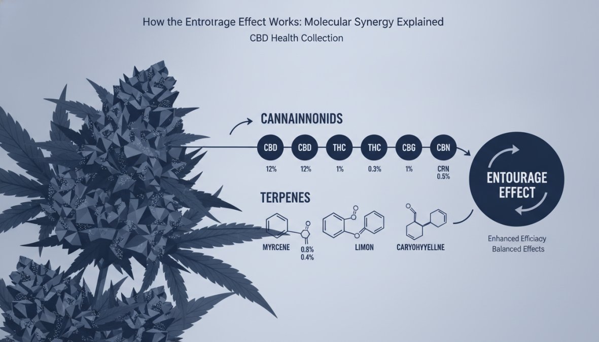Close-up of cannabis plant leaves and buds with natural lighting, showing crystalline trichomes containing cannabinoids and terpenes