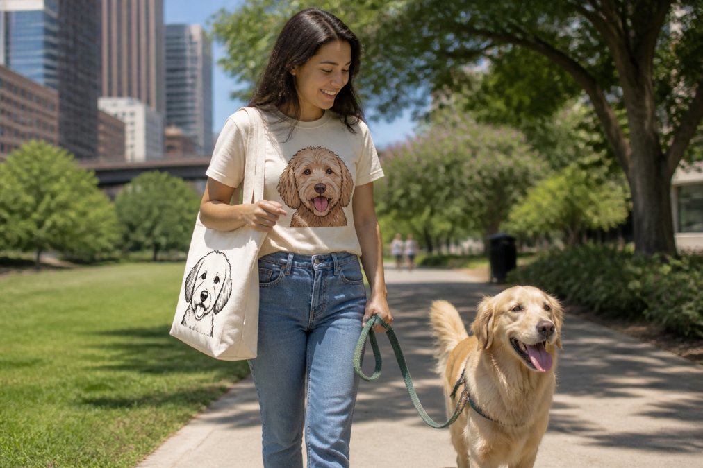 A young woman wearing a graphic dog-themed t-shirt and holding a canvas tote bag with a hand-drawn dog face, standing in a sunlit urban park with a golden retriever on a leash beside her