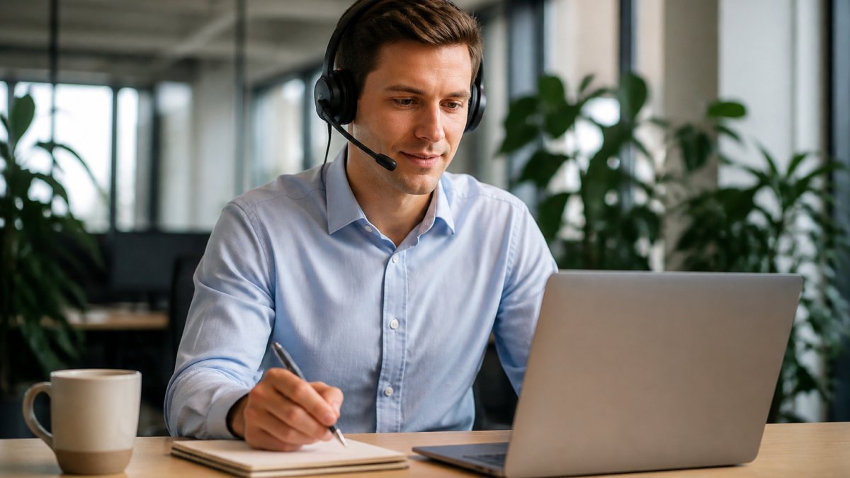 A sales development representative wearing a headset, reviewing a CRM dashboard on a laptop in a bright modern office, with a notebook and coffee nearby