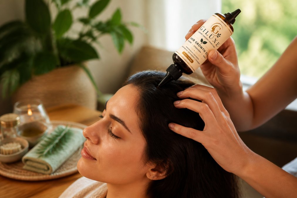 Person with calm expression receiving a botanical scalp treatment with warm oil being massaged into the hair roots, showing healthy scalp texture under soft natural lighting