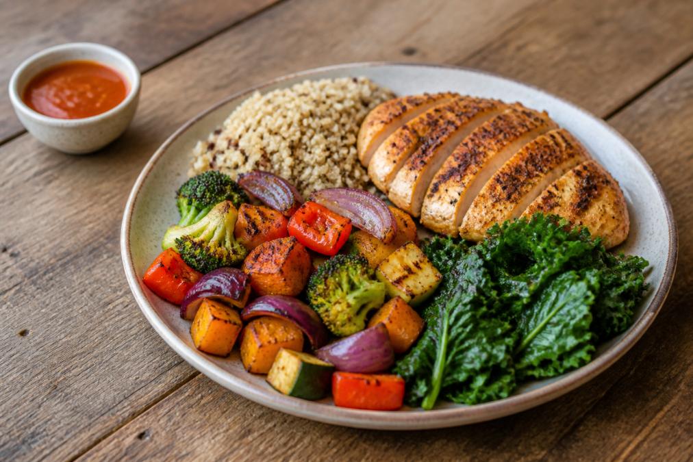 A colourful, balanced meal on a ceramic plate: grilled chicken or salmon, a serving of quinoa or brown rice, and a generous portion of roasted vegetables including leafy greens, with a small dish of hot sauce on the side