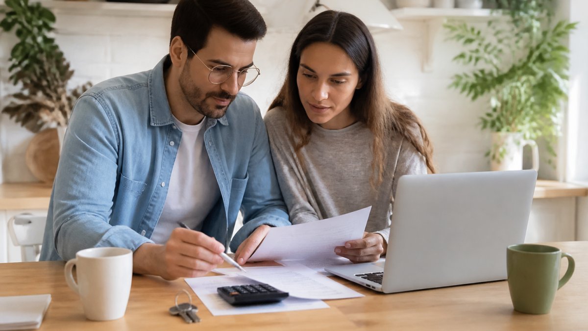 A young couple sitting at a kitchen table with a laptop, reviewing financial documents and a calculator, with a house key and coffee mugs nearby in a bright home office