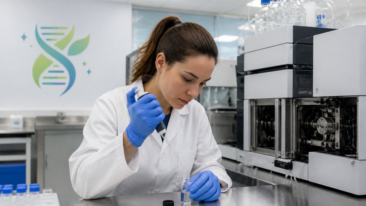 A scientist in a lab coat and nitrile gloves carefully pipetting a clear liquid into a small glass vial on a stainless steel laboratory bench, with HPLC analytical equipment visible in the background under bright overhead lighting
