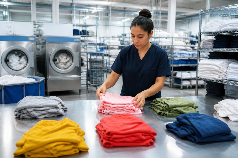 A worker in a bright, clean laundry facility sorting colorful garments into separate piles on a large stainless steel table, with industrial washing machines visible in the background