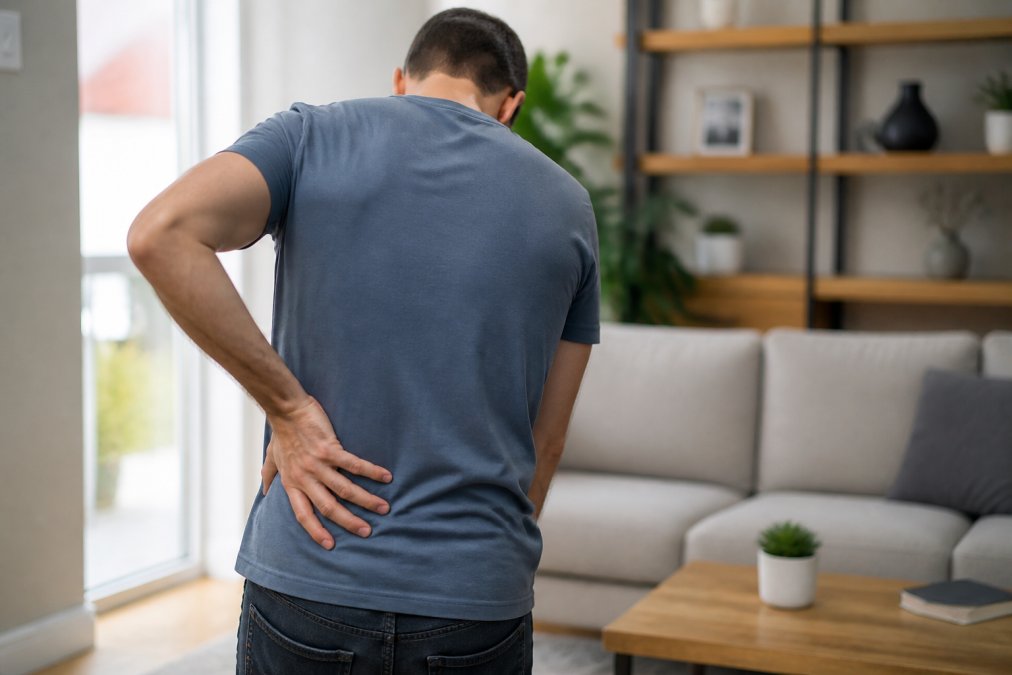 Person holding lower back with visible discomfort, wearing casual clothing in bright home setting, hand pressed against lumbar spine area