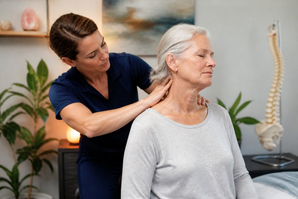 Healthcare practitioner performing hands-on therapy assessment on patient's neck/shoulder area in modern clinical wellness setting with soft natural lighting