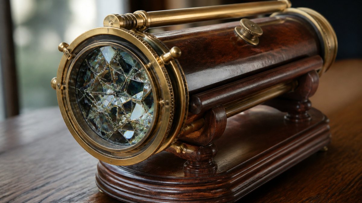 Infographic detailing the historical price milestones of ornate antique brass and mahogany kaleidoscopes