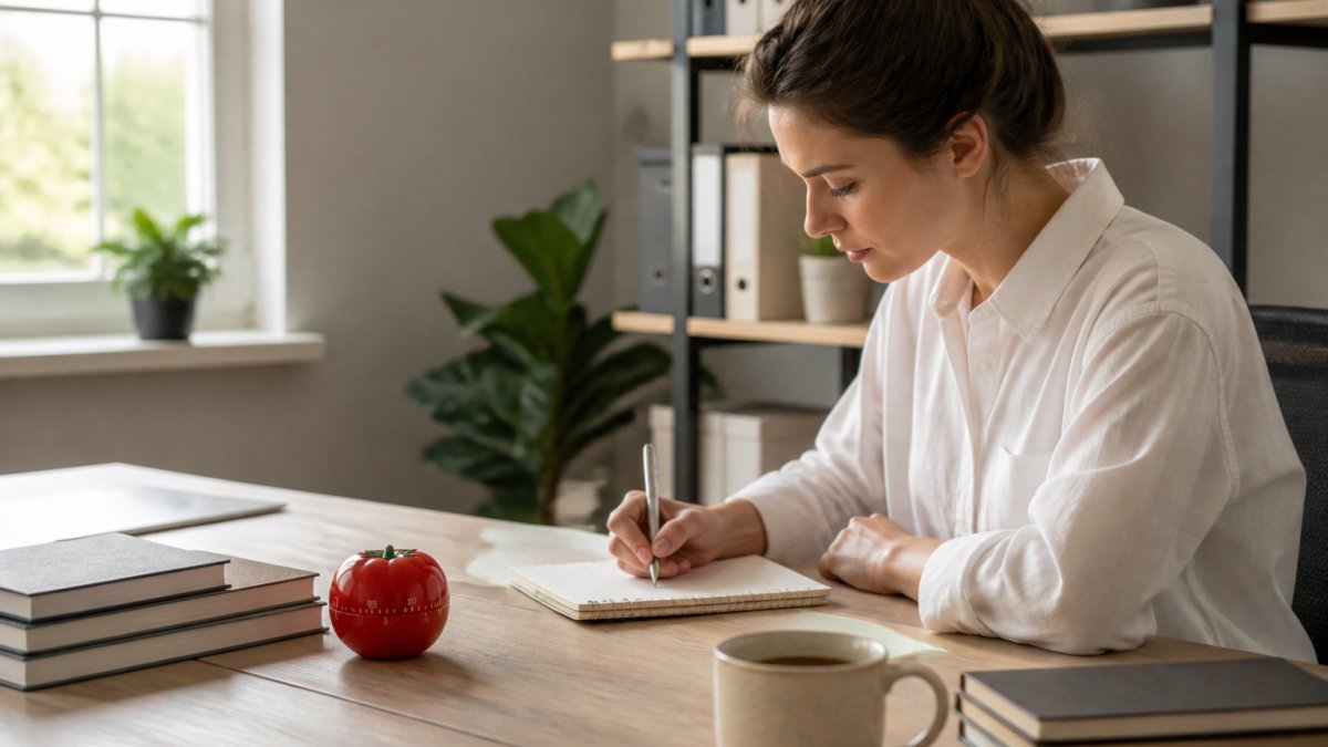Person working at a bright desk with a red tomato kitchen timer and notebook