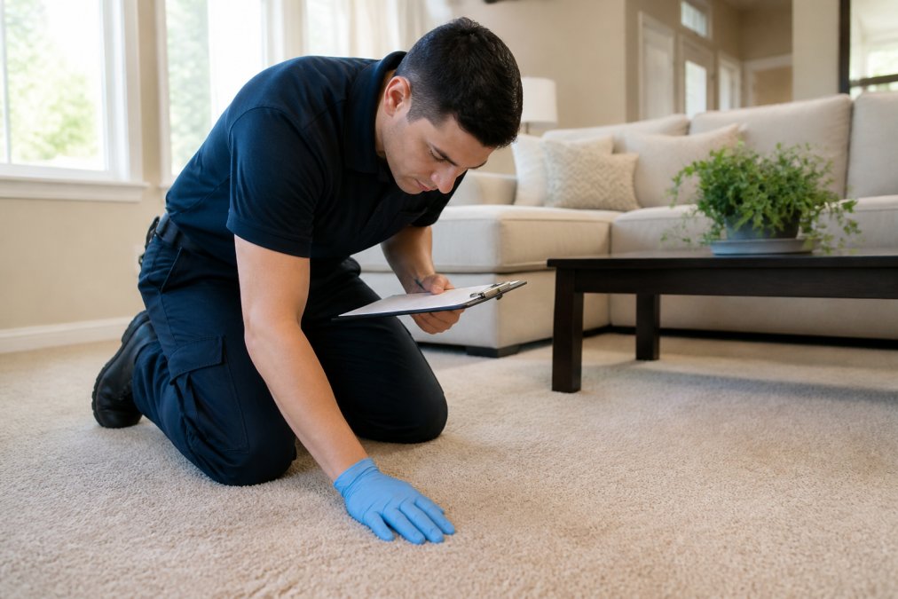 A uniformed carpet cleaning technician kneeling on a beige carpet, inspecting the fibers with a gloved hand while holding a clipboard, bright living room with natural light streaming through windows