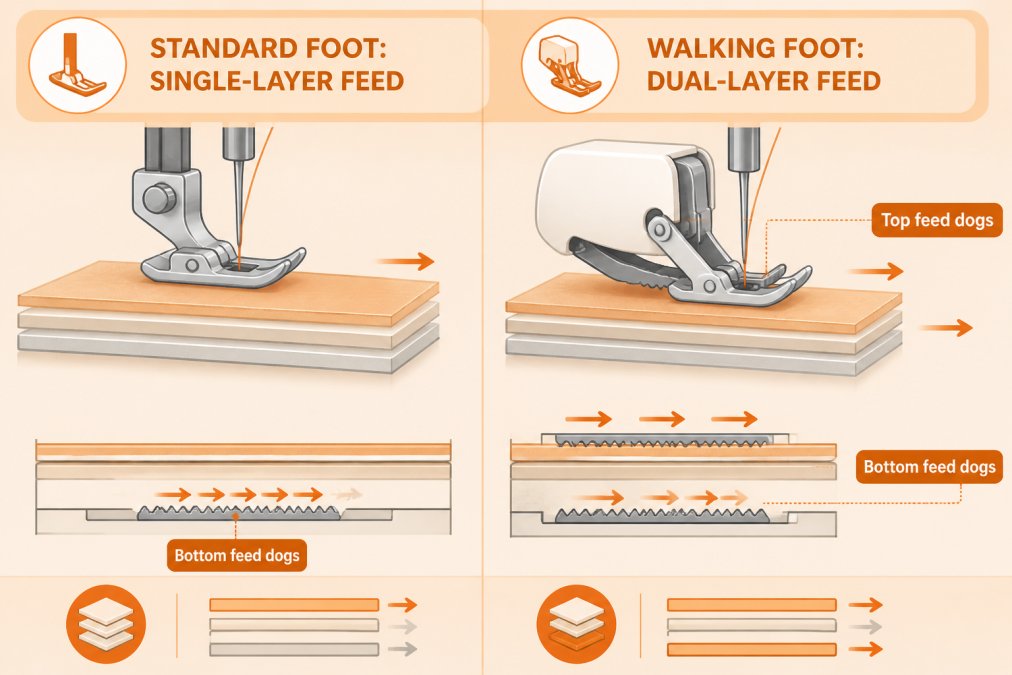 Diagram showing side-by-side mechanical comparison of regular presser foot with only bottom feed dogs versus walking foot with top and bottom feed dogs working together to move all fabric layers evenly, labelled with "Standard foot: single-layer feed", "Walking foot: dual-layer feed", "Top feed dogs", "Bottom feed dogs"