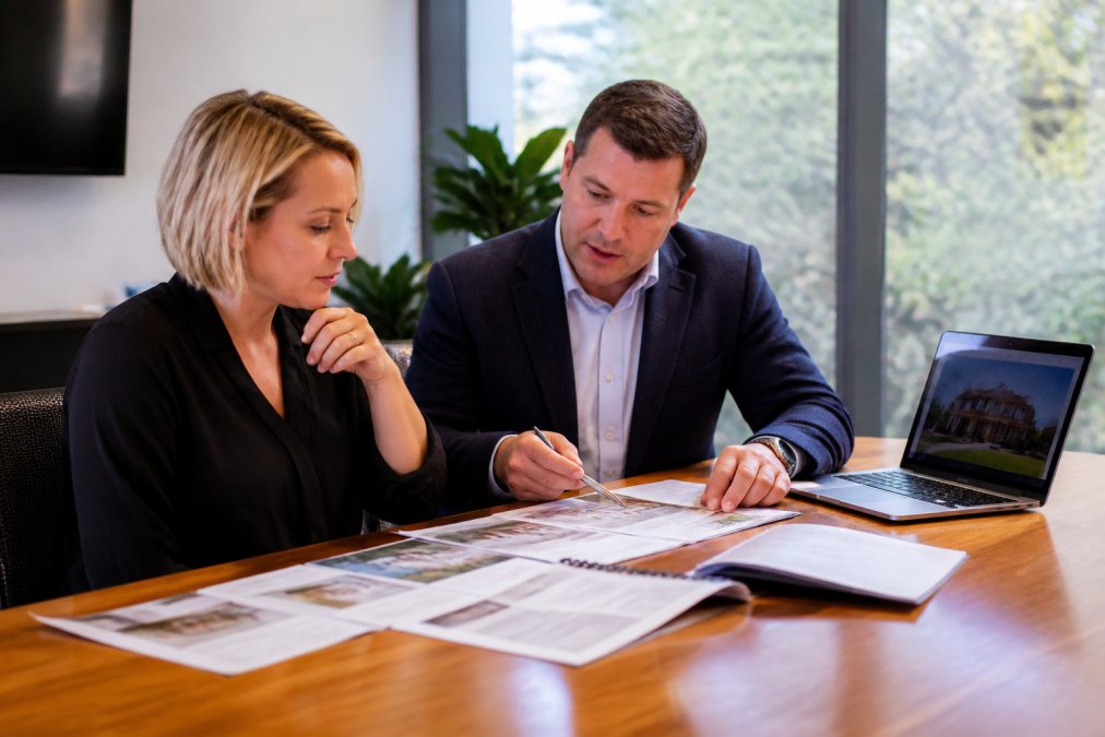 Buyer advocate and client reviewing property sales data and listing documents on a boardroom table