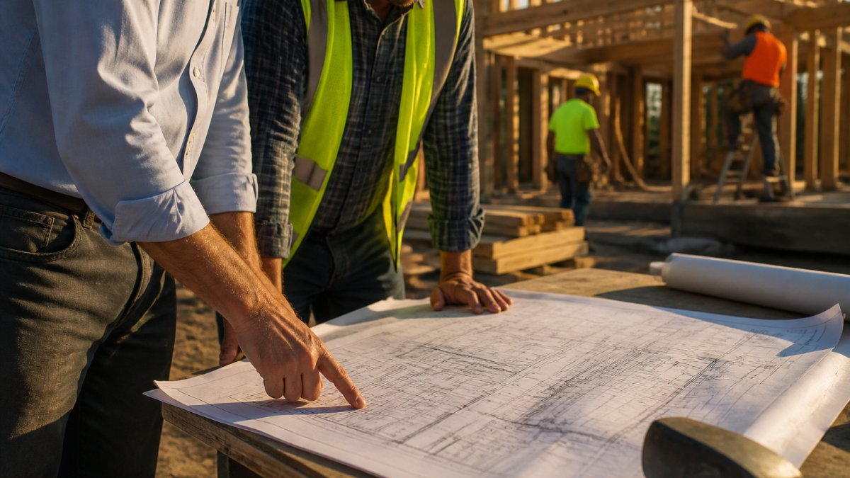 Professional general contractor and site supervisor reviewing construction blueprints and project schedule at job site, with workers and building materials visible in background under natural daylight