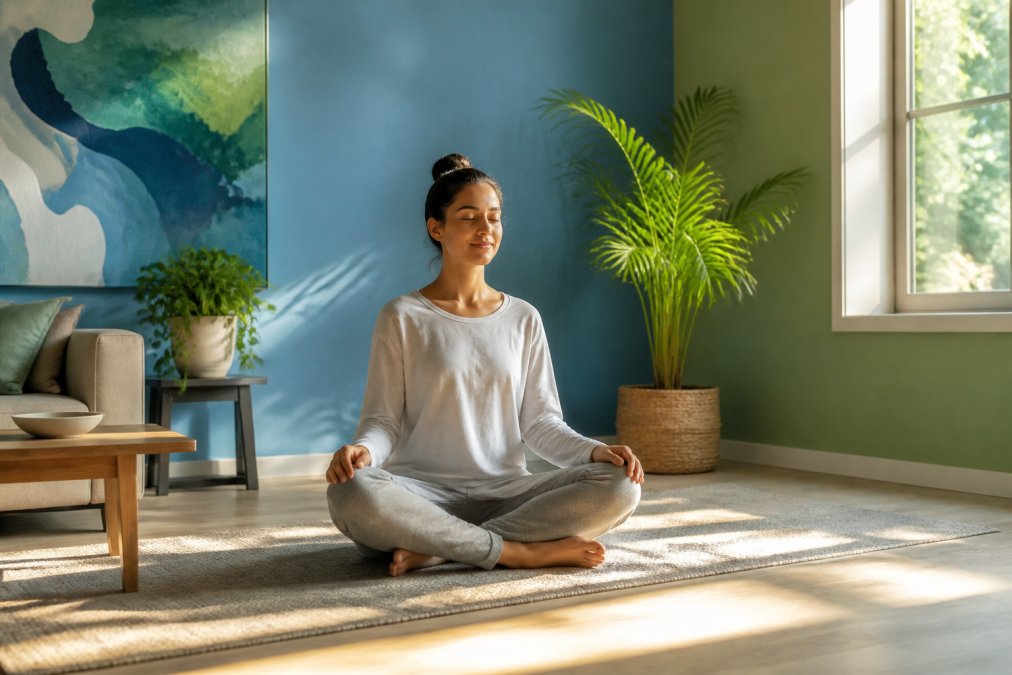 A person sitting in a sunlit room with soft blue and green walls, eyes closed, appearing relaxed and peaceful, warm afternoon light falling across the floor