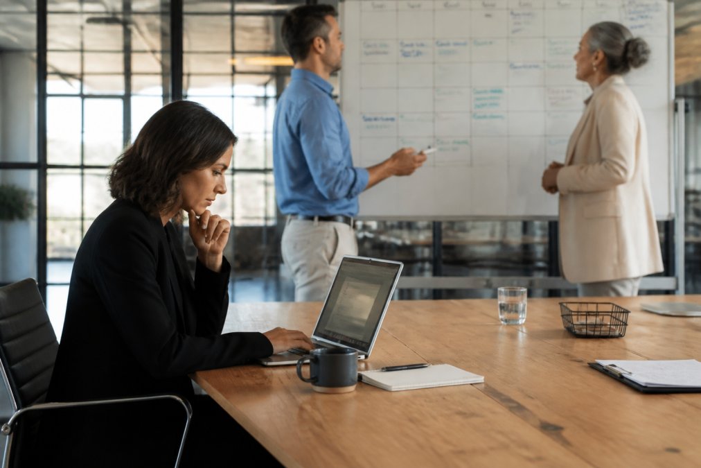 A marketing professional reviewing campaign analytics on a laptop while coordinating with colleagues in a bright modern office, with a whiteboard showing campaign timelines in the background
