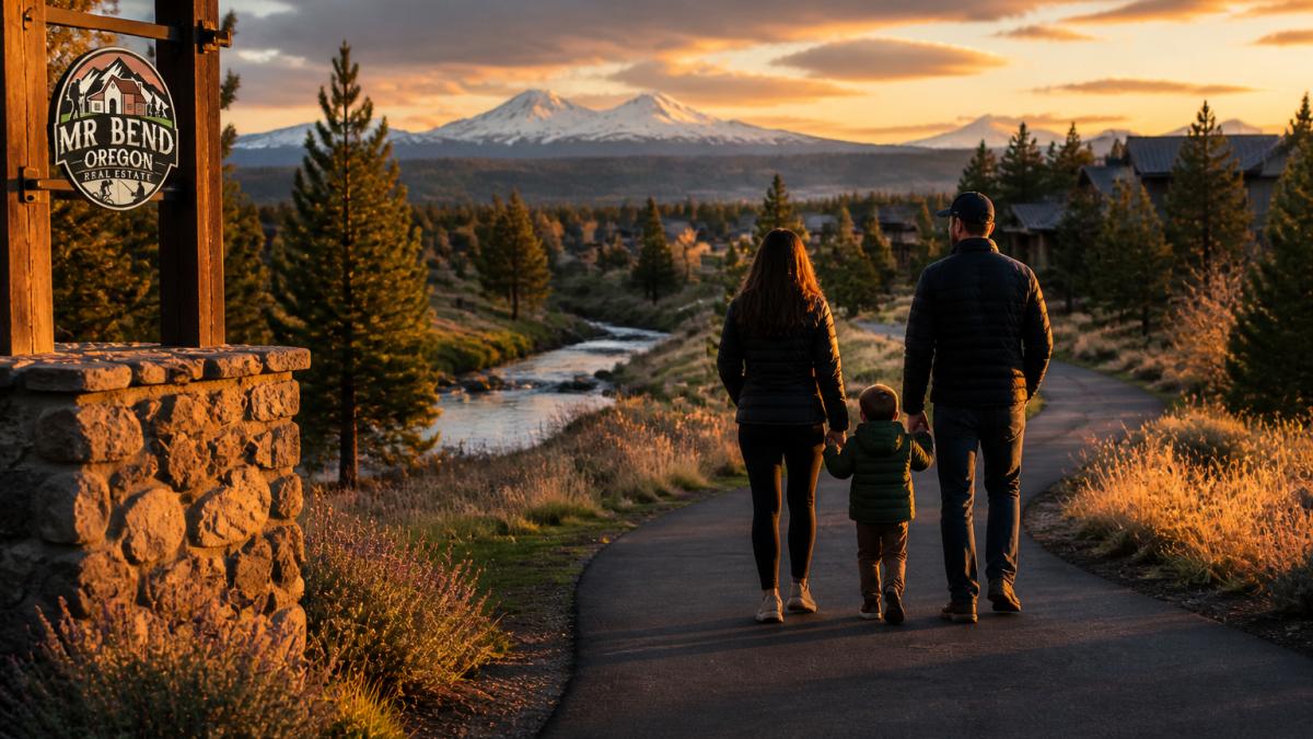 A family walking a paved trail through a Bend neighborhood park at golden hour, with pine trees and distant Cascade mountain views in the background