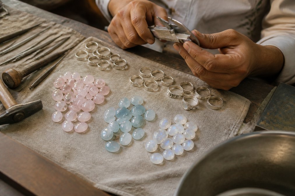 Artisan hands working with silver rings and gemstones in a workshop practicing transparent jewellery sourcing