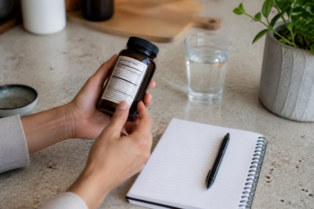 Person reading the ingredient panel on a supplement bottle at a kitchen counter with a notepad nearby