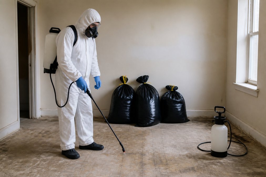 Specialist cleaner wearing protective equipment while working in a contaminated room