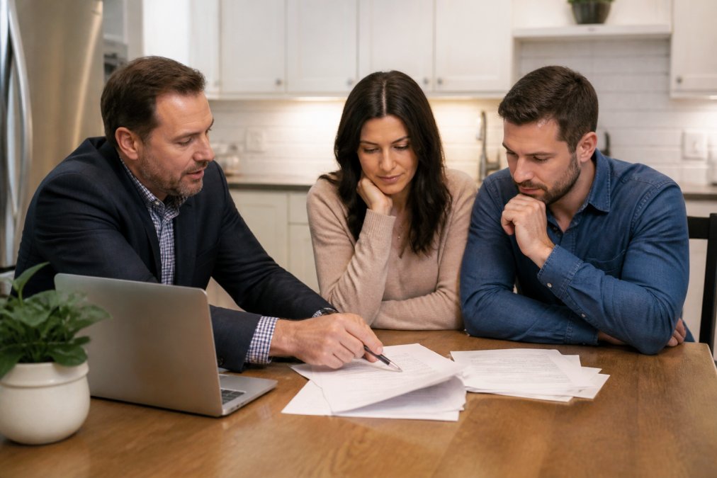 A couple sitting at a kitchen table with a financial advisor, reviewing a stack of insurance documents and a laptop showing a coverage calculator