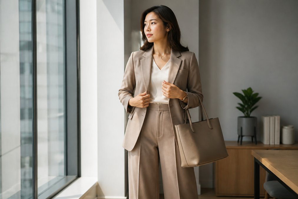 A woman in a tailored blazer and wide-leg pants set adjusting her outfit near a bright office window, holding a structured tote bag, soft natural light across her face